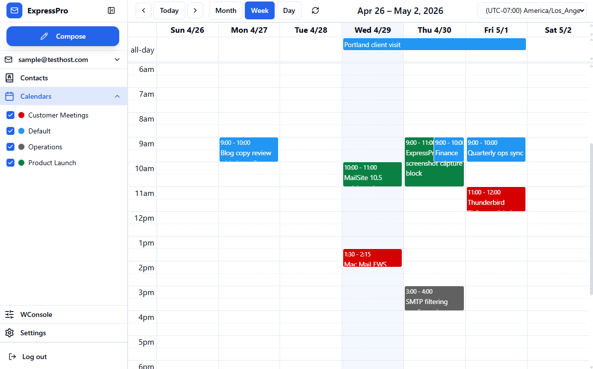 ExpressPro calendar week view with multiple calendar colors