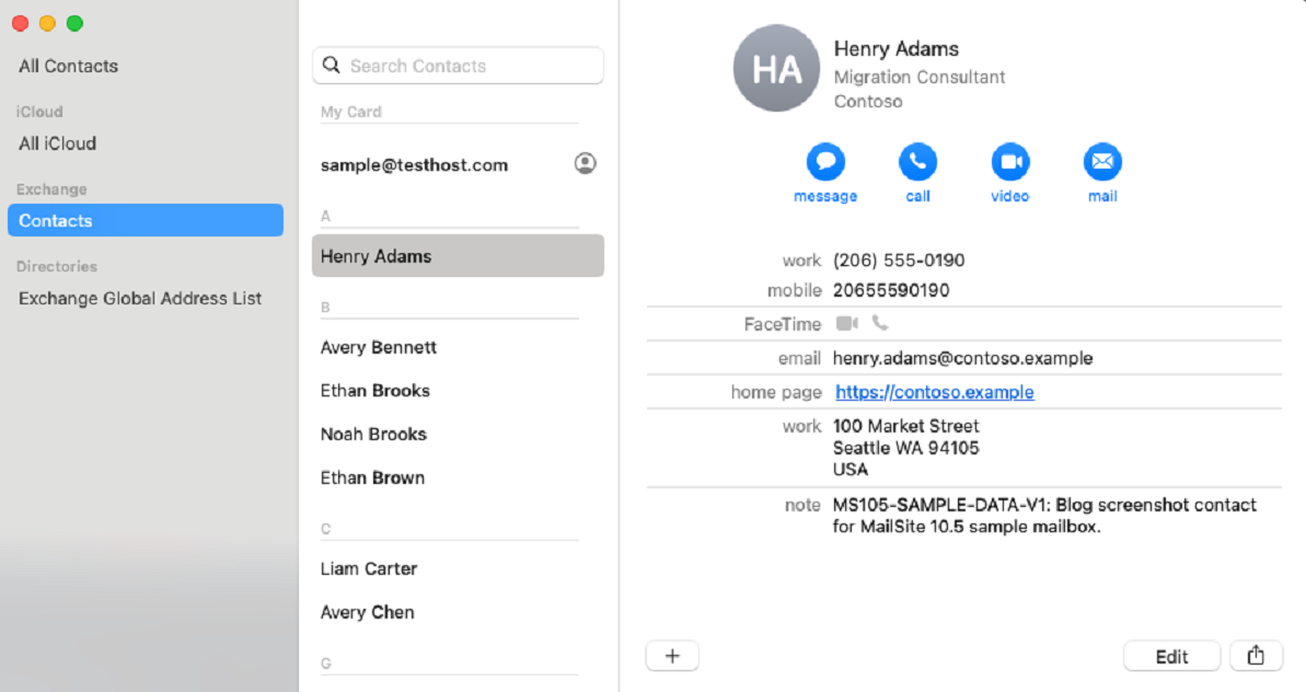 Mac Contacts showing MailSite contacts through an Exchange account