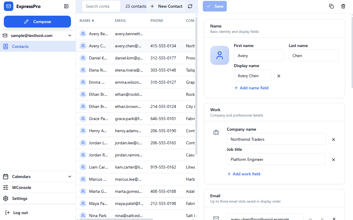 ExpressPro contacts view with selected contact details