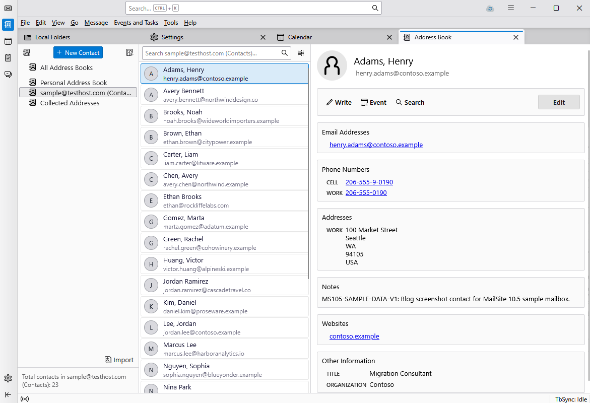 Thunderbird address book synchronized with MailSite through TbSync