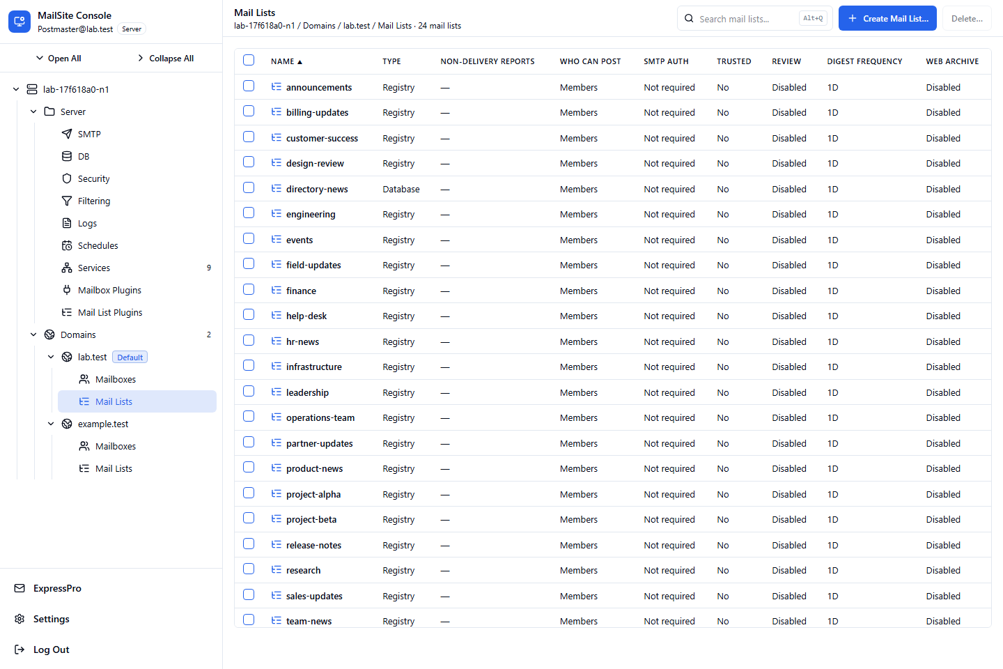 Mailing lists in MailSite 11