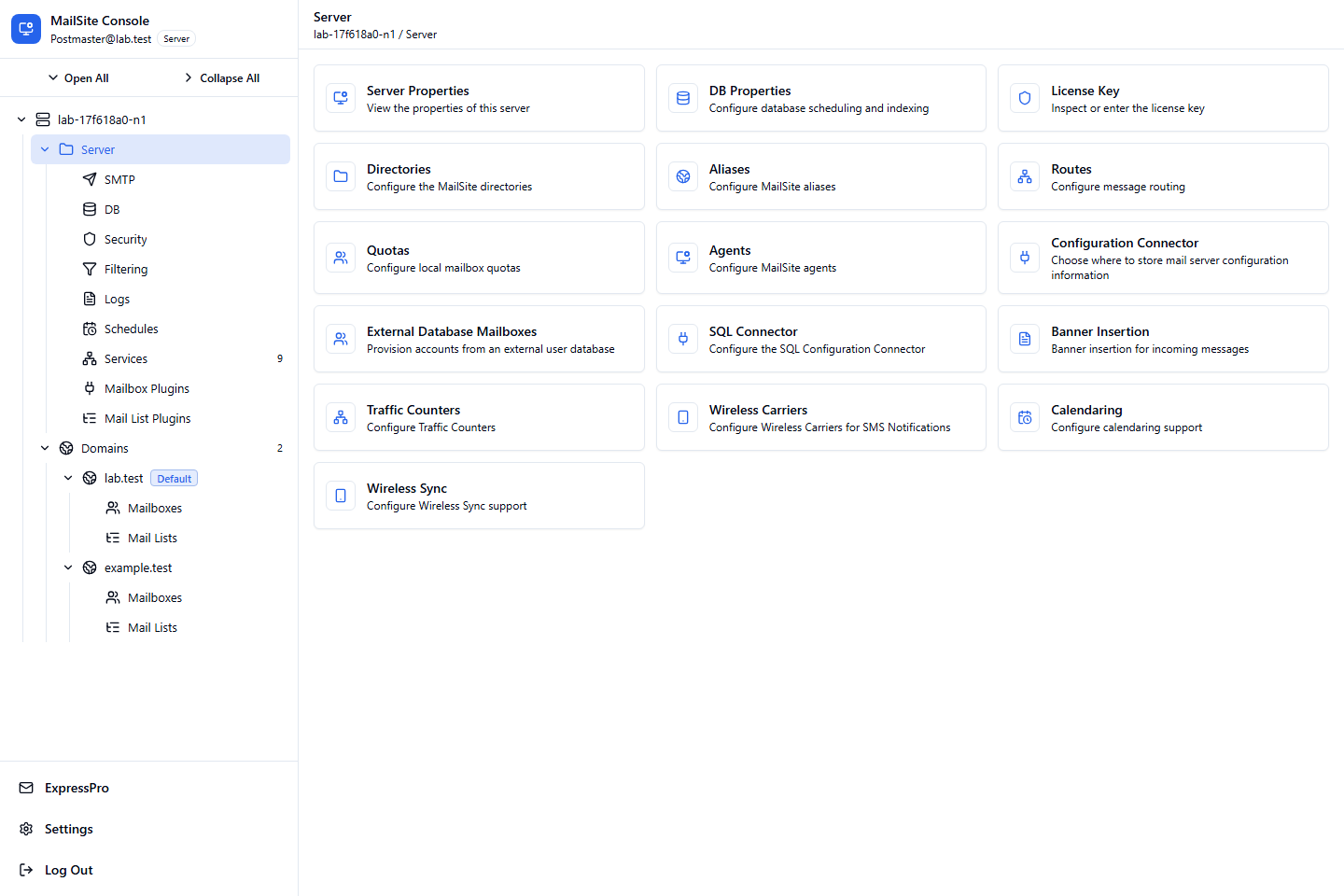 MailSite 11 Console with server settings and domain navigation