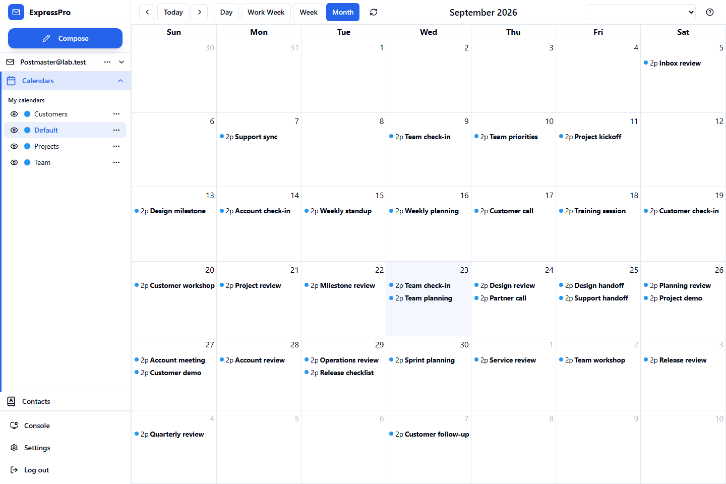 MailSite 11 ExpressPro calendar with example events