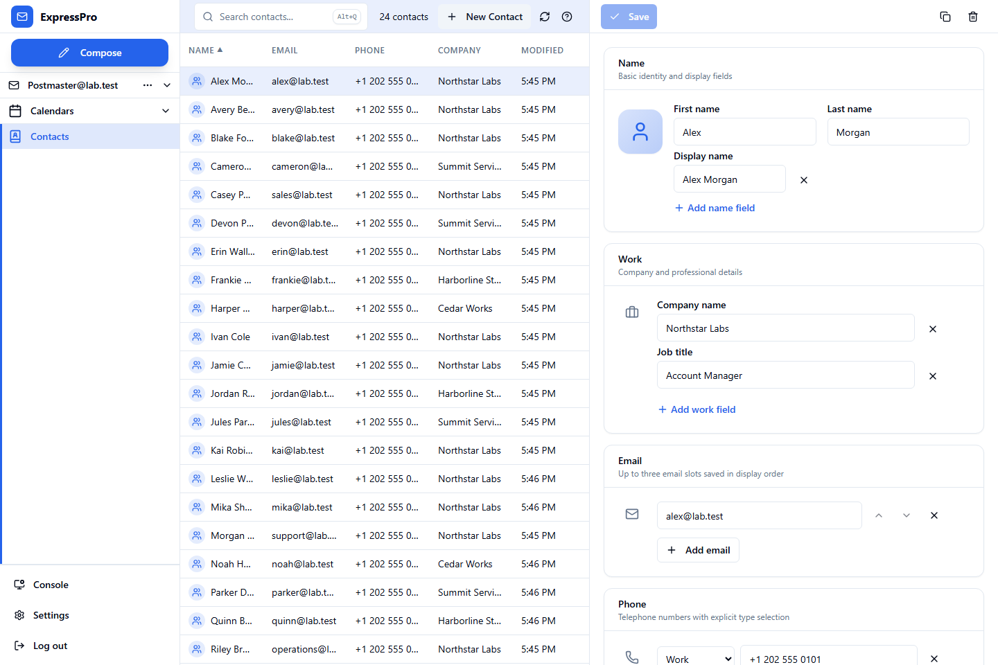 MailSite 11 ExpressPro contacts with names, companies, and phone numbers